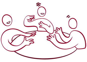 Vinr&ouml;d illustration tre figurer runt ett bord som samtalar livligt.