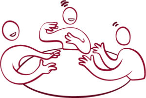 Vinr&ouml;d illustration tre figurer runt ett bord som samtalar livligt.